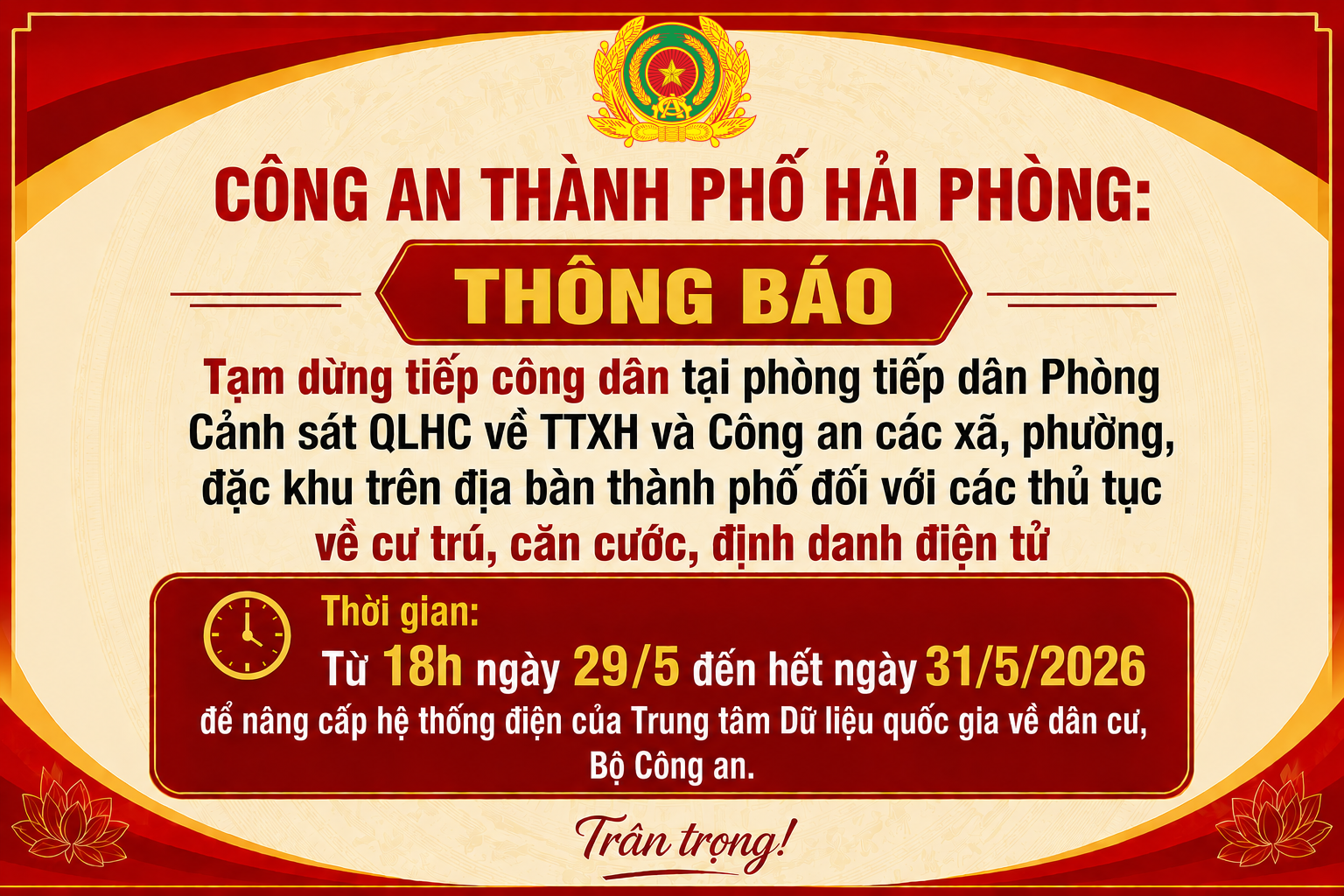 Thông báo tạm dừng tiếp công dân tại phòng tiếp dân Phòng Cảnh sát QLHC về TTXH và Công an các xã, phường, đặc khu